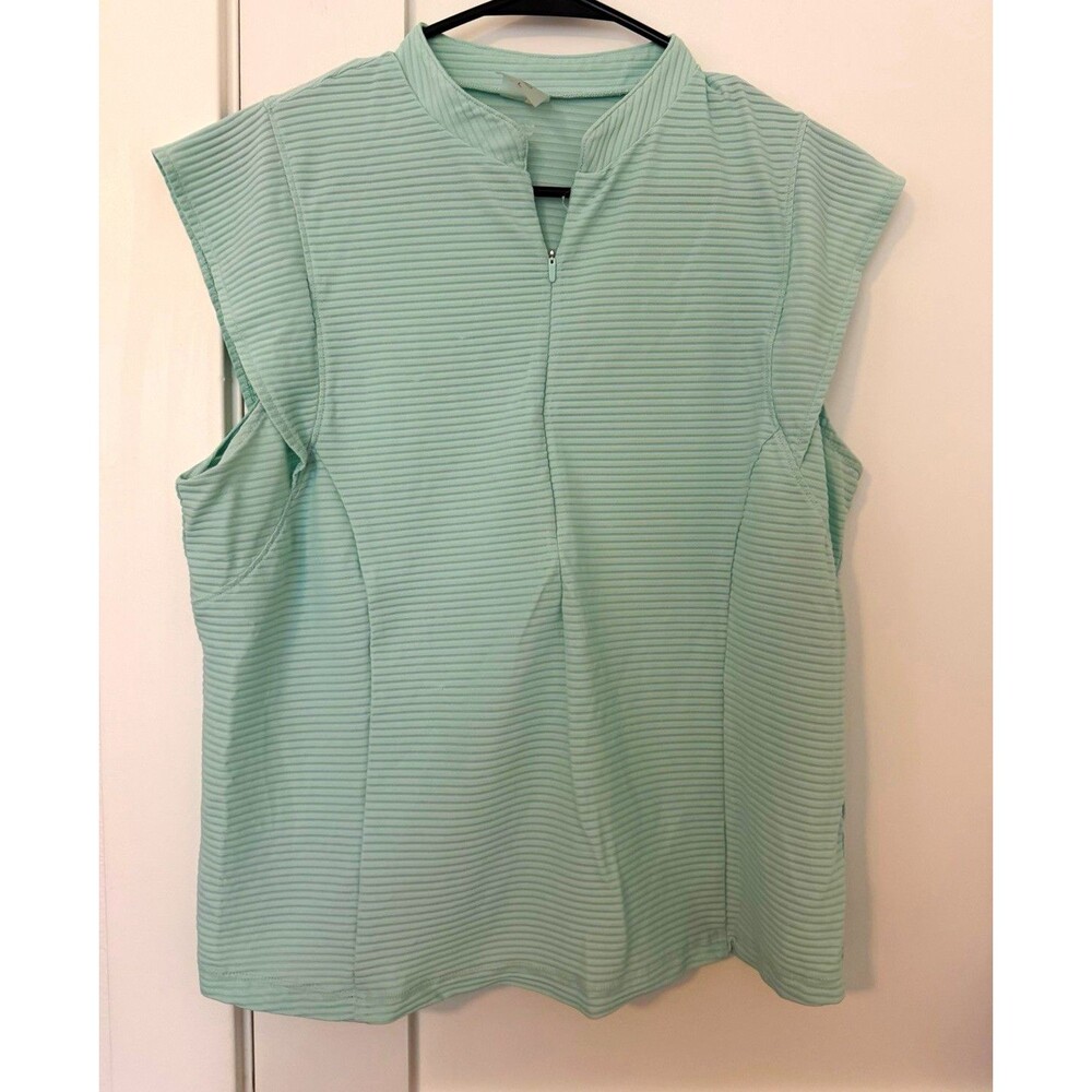 CALIA Women's Green Striped Mock Neck 1/4 Zip Sleeveless Active Top L